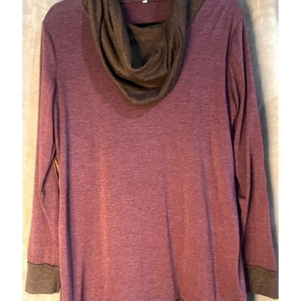 Womens Long Sleeve Cowl Neck Scarf Top Purple Plum Brown Heathered Elbow Patch - Picture 2 of 11